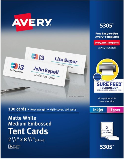 Avery Printable Tent Cards - Sure Feed Technology, Matte White, 2-1/2" x 8-1/2", 100 Blank Cards