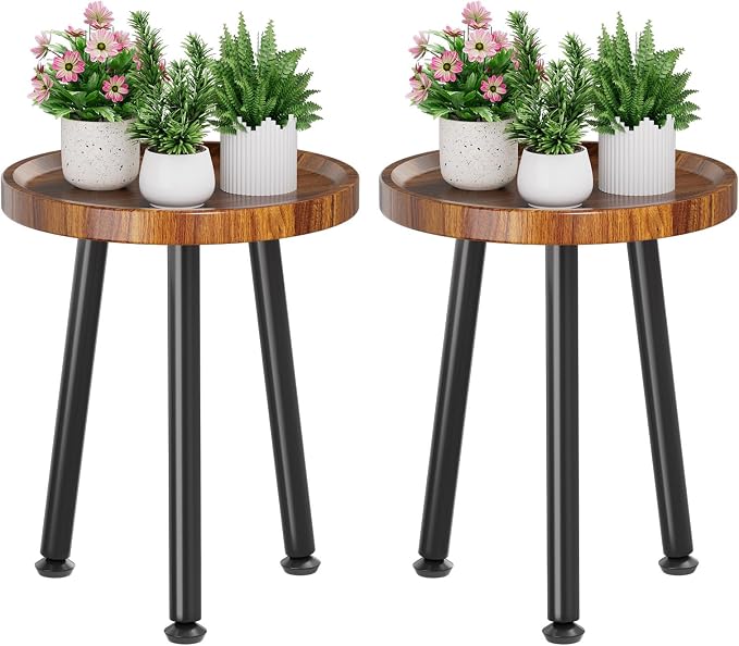 Ekisemio 2-Pack Plant Stands Outdoor Indoor, Mid Century Side Tables with Walnut Finish & Raised Edge, Small End Table for Living Room (12.5"x18")
