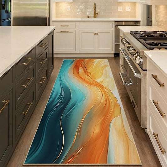 Orange Teal Kitchen Runner Rug 2'x6' Turquoise Orange Marble Non Slip Washable Decorative Rug Runner Carpet for Hallways Bedroom Bathroom Laundry
