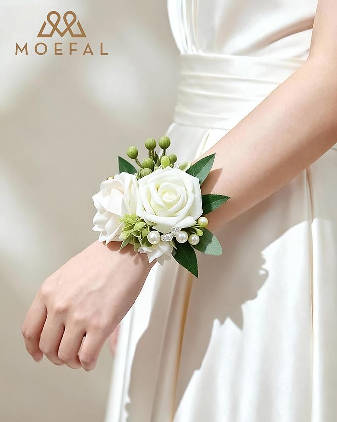2 Pcs Artificial Flower Wrist Corsage Set, Elastic Wristlet for Prom Wedding Bridesmaid Homecoming Party Anniversary Decoration (Wht-White & Ivory)
