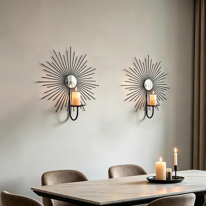 2 Set Candle Sconces Wall Decor for Living Room Metal Sunburst Mirrored Modern Gold Wall-Mounted Candle Holder Sconces Hanging Mounted Fireplace Farmhouse Wedding