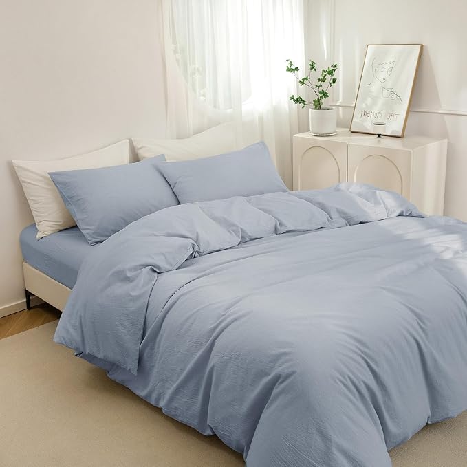 JIYUAN 100% Washed Cotton Duvet Cover Set 3 Pieces Queen, 1 Duvet Cover 90x90 Inches(Comforter Not Included) and 2 Pillowcases,Linen Feel Bedding Set Comfy and Breathable, Heathered Light Blue