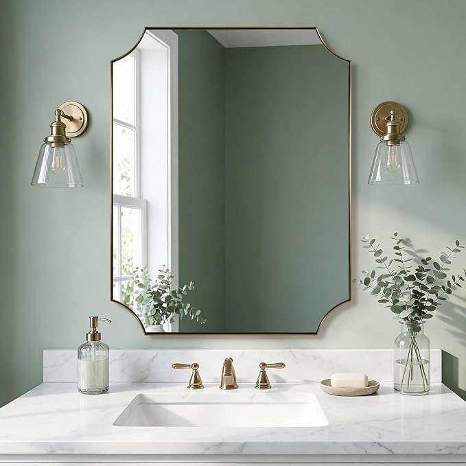 ANDY STAR 28"x36" Gold Mirror, Brushed Brass Bathroom Vanity Mirror, Scalloped Wall Mirror with Rust-Proof Stainless Steel Metal Thin Frame Deep 1", Hangs Vertically or Horizontally
