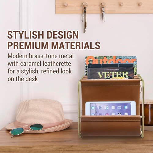 MyGift Modern Brass Tone Desktop Folder Holder - Stylish Leatherette Organizer for Letters & Files
