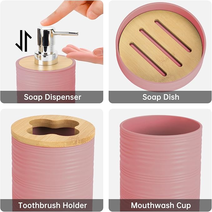 4 Pieces Bamboo Bathroom Accessories Set, Bathroom Accessory Set with Soap Dispenser and Toothbrush Holder, Soap Dish and Toothbrush Cup, Boho Bathroom Decor(LightPink)