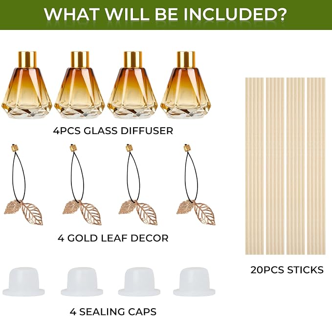 Reed Diffuser Set - 4 Empty Bottles with 20 Sticks, Delicate Gold Leaf Decor, Glass Fragrance Diffuser with Lids for Home, Bathroom | Refillable, Diamond Style (4 PCS Gold)