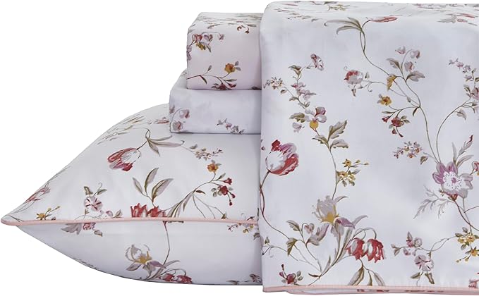 FADFAY Floral Sheets Set Twin XL Rustic Pink Floral College Bedding Ditsy Botanical Dorm Sheets Vintage Branches Bedding 100% Egyptian Cotton Sets with Deep Pocket Fitted Sheet 4Pcs, Twin XL Size