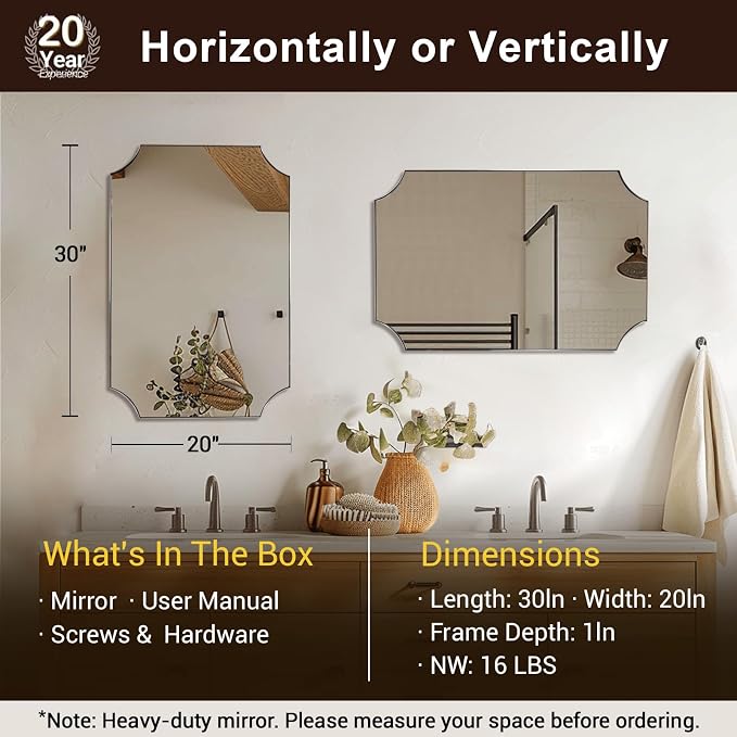 ANDY STAR 20x30 Inch Scalloped Mirror, Brushed Nickel Bathroom Mirror for Over Sink, Vanity Mirror with Scalloped Corners Design, Rustproof Stainless Steel Thin Frame, Ideal for Narrow Space Remodel