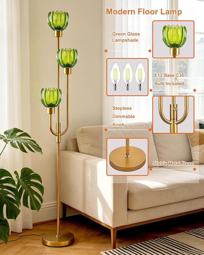 Lightdot 3-Lights Modern Glass Floor Lamp Gold Dimmable Floor Lamps with 3000K Warm White Bulbs for Wedding Party 66IN Tall Standing Lamp with Green Glass Shade for Living Room/Bedroom/Home Decor