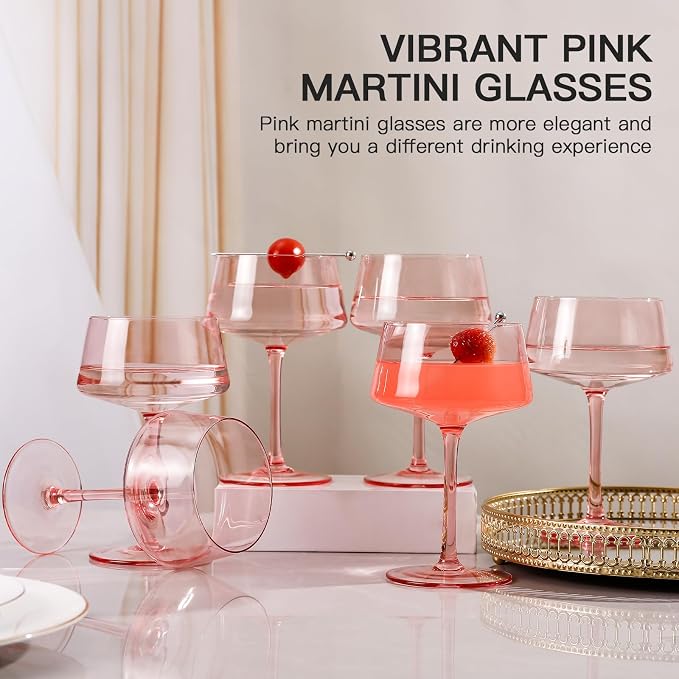 JOVGANK Pink Martini Glasses Set of 6 – 13oz Lead-Free Crystal Glass, Hand-Blown Classic Champagne & Cocktail Luxury Cups, Elegant Glassware for Party Home Bar Wedding Gift for Ice Cream Dessert