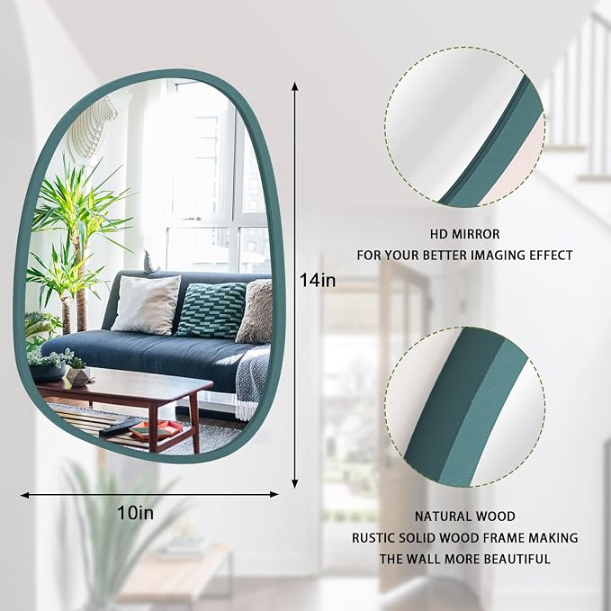 Small Blue Wall Mirror Asymmetrical Irregular Wood Frame Mirror Unique Modern Wall-Mounted Artistic Oval Shape Mirror Decor for Bedroom Living Room Bathroom Entryway Hallway Vanity