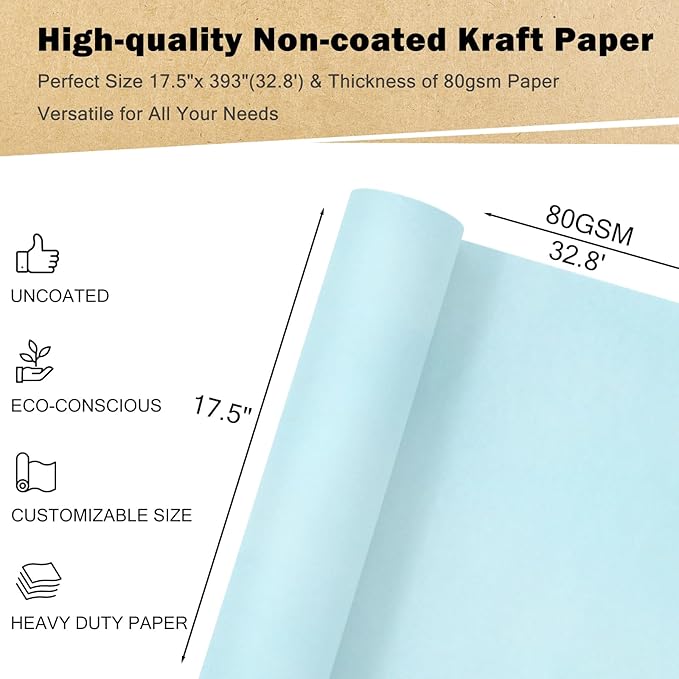 RUSPEPA Light Blue Kraft Wrapping Paper Roll, 17.5"x 393"(32.8'), Recyclable Blue Art Gift Wrap Paper for Birthday Gift Wrapping, Table Covering, DIY Crafting, Baby Shower Bouquet Flower, 80GSM