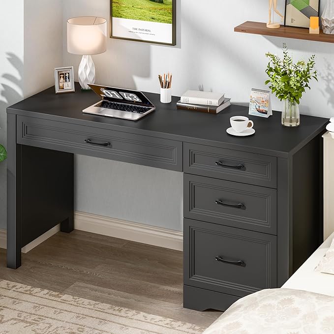 Vabches Farmhouse Executive Desk with Storage and Ample File Drawer, Rustic Large Home Writing Desk for Bedroom, Pure Black