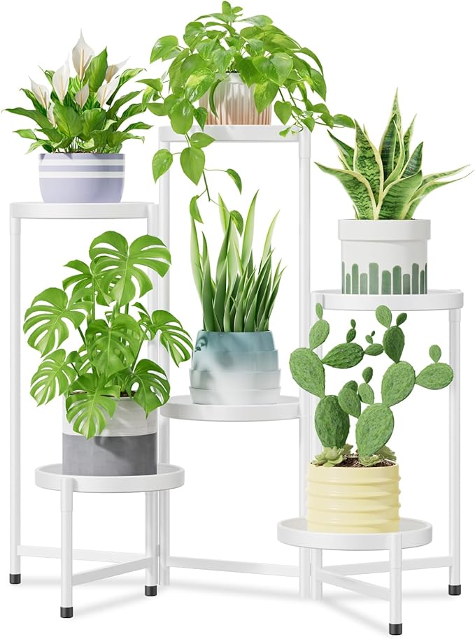 iDavosic.ly 6 Tier Large Plant Stand Indoor with 10 Inch Wide Tray, Tiered Corner Metal Outdoor Flower Display Holder Shelf, Folding Tall Rack for Patio Porch Living Room, White