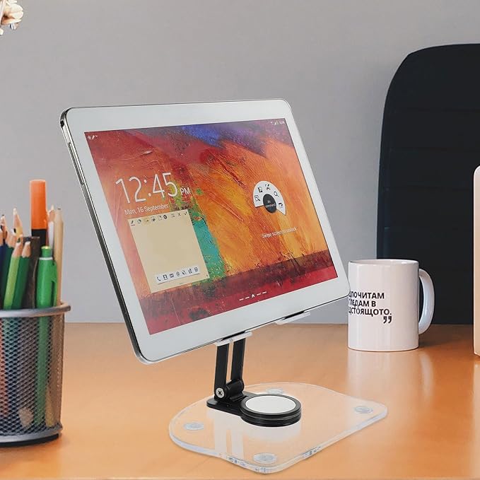 VERDANVERSE Adjustable Acrylic Folding Tablet and Phone Stand for Desk, 360° Rotatable Holder Compatible with Ipad and Laptop, Black, Suitable for Home and Office Use