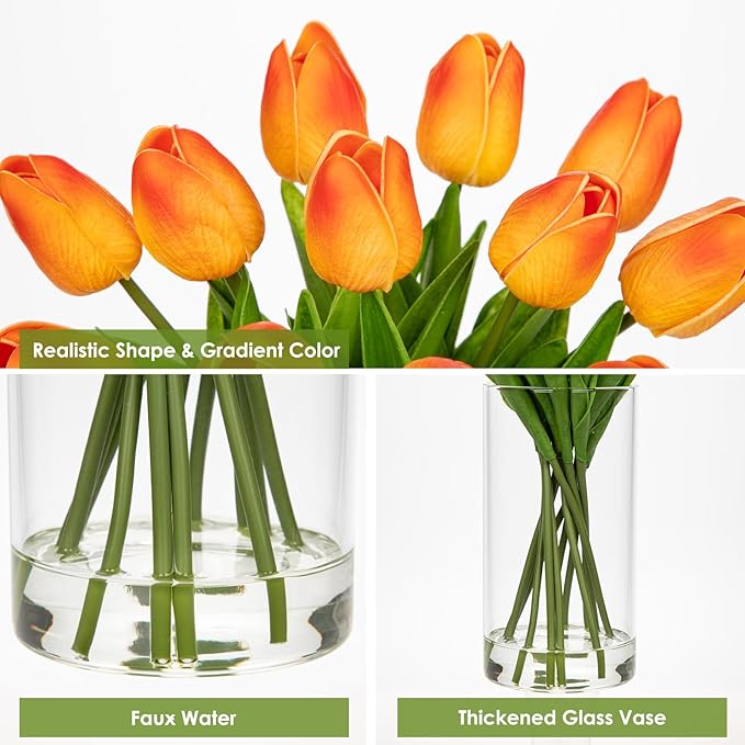 DILATATA 12 Pcs Artificial Real Touch Orange Tulips in Glass Vase with Faux Water, Small Tulip Arrangement for Wedding, Table Centerpieces, Home Decor