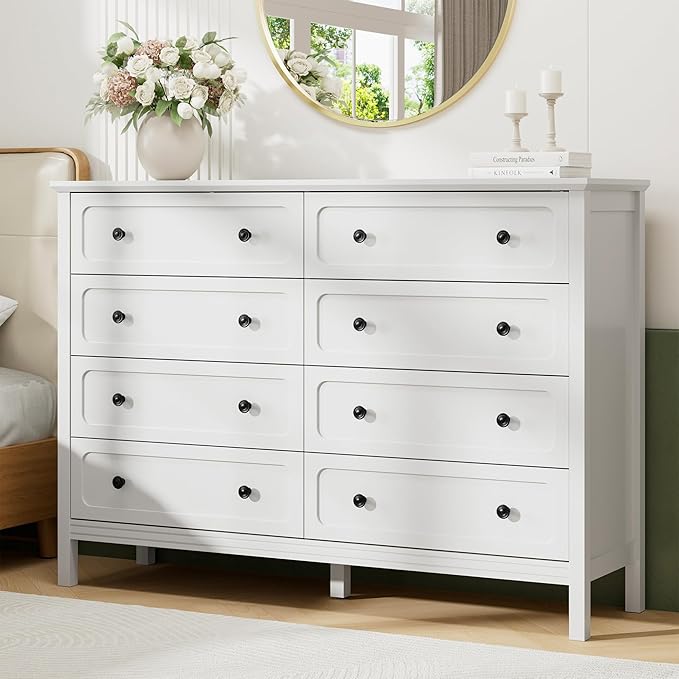 White Dresser for Bedroom, 8 Drawer Dresser with Metal Handles, 55" Wide Modern Dressers & Chest of Drawers for Living Room, Hallway, Entryway