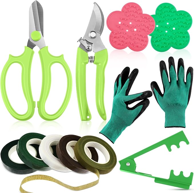 WILLBOND Floral Arrangement Kit, Christmas Rose Thorn Stripper Tool Garden Pruning Shears Scissors Rose Thorn Remover Pruner Trimmer Gloves Tapes Florist Garden Tool Gift Kit for Women(Green)