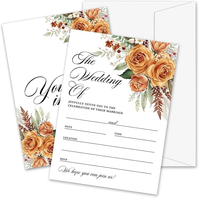 Boho Pampas Grass Wedding Invitations, 5"x 7" Autumn Wildflower Wedding Invites Card With Envelopes, 25 PCS for Party Decorations and Supplies - A06