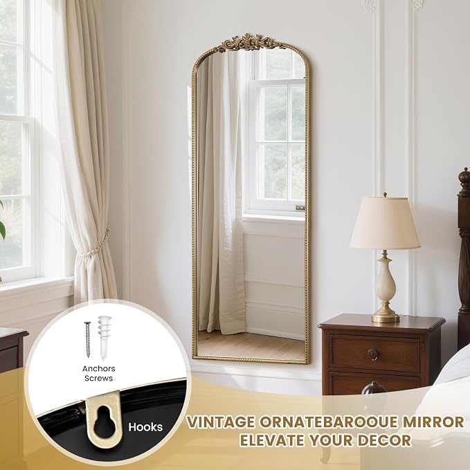 WallBeyond Arched Full Length Mirror Wall Mounted, 21x56 Inch Gold Antique Mirror, Vintage Metal Frame Full Body Mirro for Bedroom, Living Room, Hanging or Leaning