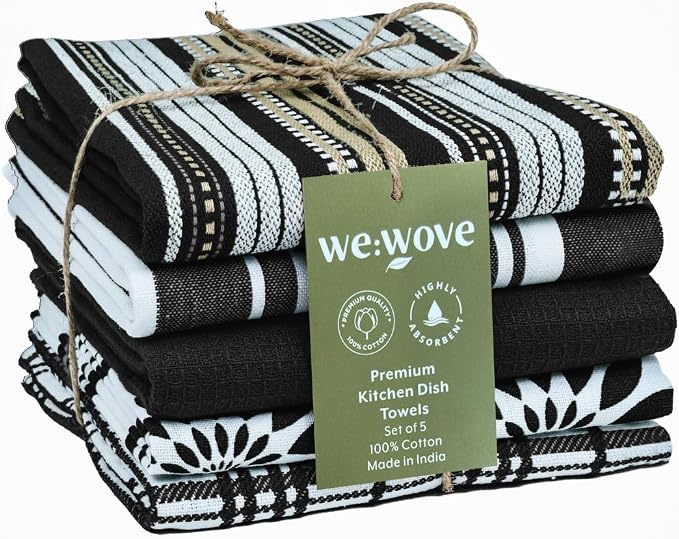 WeWove Assorted Kitchen Towels Set of 5-100% Cotton Dish Cloths Towels with Hanging Loop - Soft Absorbent Washable Reusable for Kitchen Use - Quick Drying 16x26 inch Dish Towels Black