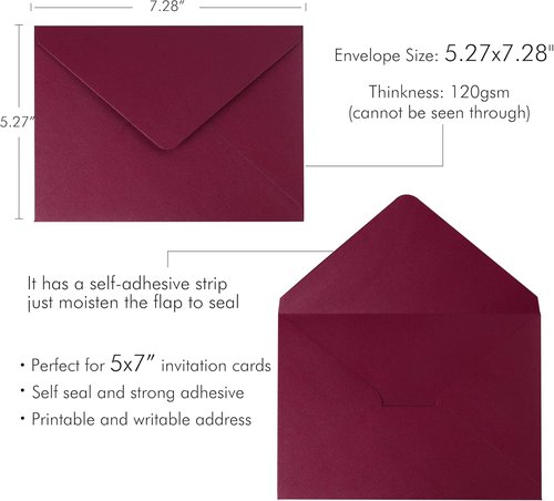 PONATIA A7 Envelopes - Shiny Burgundy 50 PCS Pack for Wedding Invitations & Greeting Cards | 5.25 x 7.25 Inches