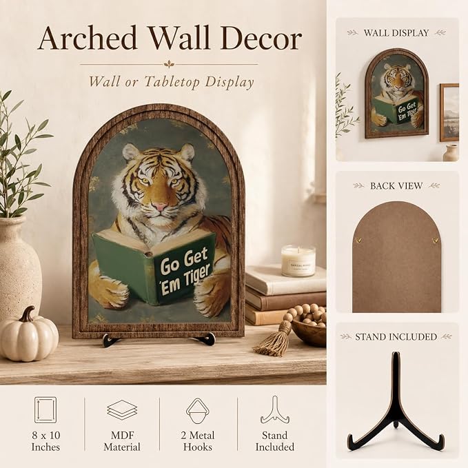 Wooden Tabletop Decor Funny Reading Tiger Art for Bookshelf Desk Shelf, Rustic Arched Wooden Frame with Stand Decor, Home Office Decorative Accent for Animal Lovers
