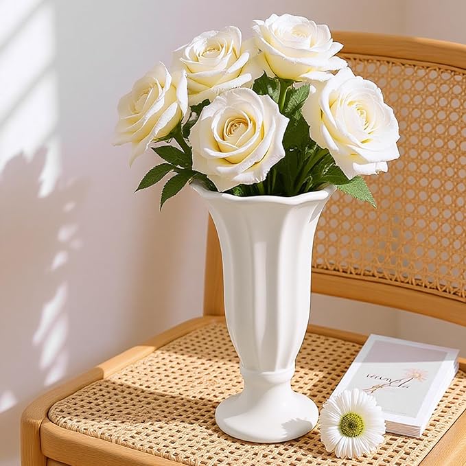 Modern Fluted Ceramic Vase, 10 Inch White Flower Vase with Pedestal Base, Decorative Table Top Vases for Centerpieces, Home Decor, Living Room, Bedroom, Wedding and Events, Housewarming Gift