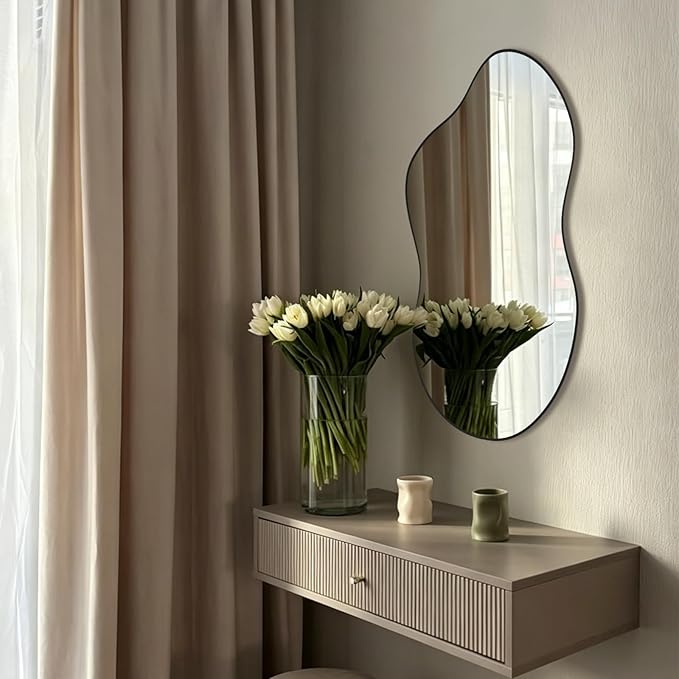 Irregular Wall Mirror 24×40 Inch Wall Mirrors Decorative Black Modern Asymmetrical Abstract Mirror for Bathroom Bedroom Living Room Entryway Hallway