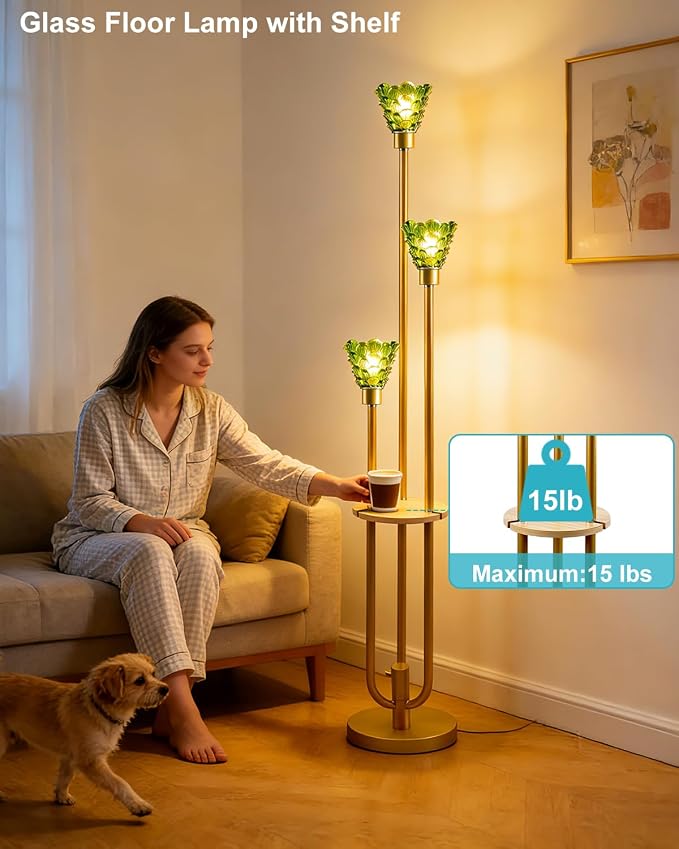 Lightdot Green Glass Floor Lamp with Shelf, 63IN Mid Century Modern Gold Standing Lamps with 3 3000K Soft Warm White Bulbs Included, Floor Lamp with 5Lbs Heavy Base for Living Room/Wedding/Office