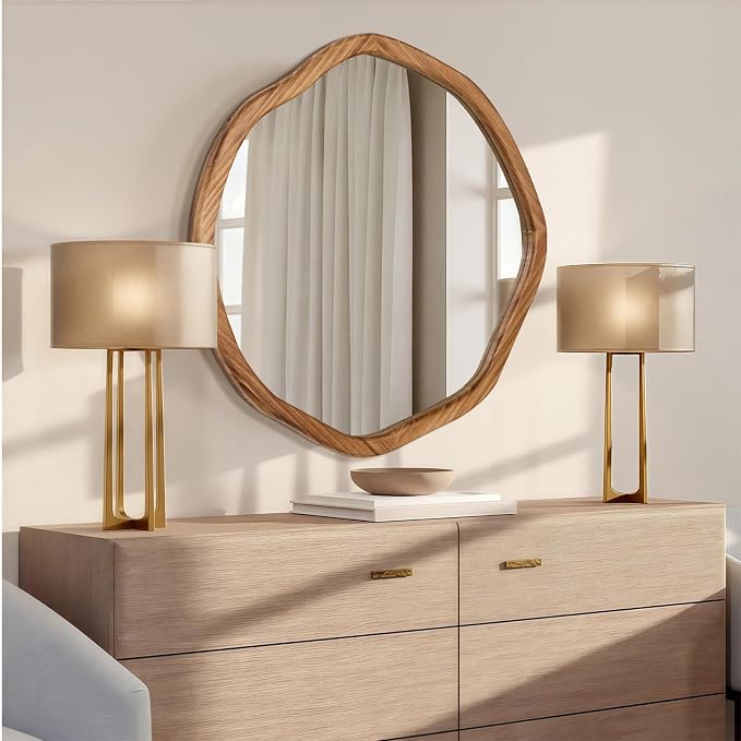 ULIKE Round Wood Mirror, 30 Inch Irregular Circle Vanity Wall Mirror with Wooden Frame, Rustic Decorative Wall Mount for Bathroom Bedroom Living Room Entryway, Rustic Brown