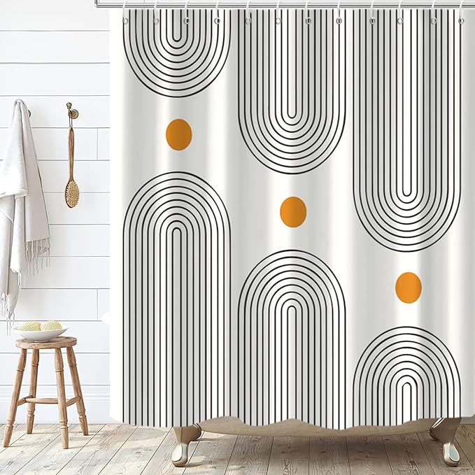 Boho Mid Century Shower Curtain, Modern Abstract Arch Sun Ivory Machine Washable Waterproof Polyester for Bathroom Decor Bathtub with 12 Hooks 72x72