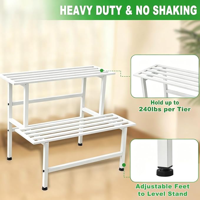 Dipion Metal Plant Stand Outdoor Plant Shelf Indoor,2 Tier Heavy Duty Ladder Plant Stands for Multiple Plants,26" L x 20.25" H x 17.75" W,White