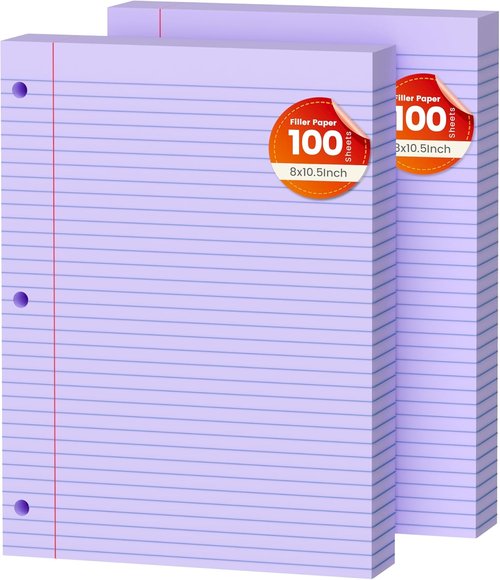 Purple Loose Leaf Paper - 200 Sheets College Ruled Filler Paper | 8" x 10.5" | 3-Hole Punched