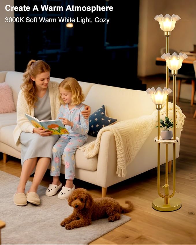 Vintage Flower Floor Lamp for Living Room, Mid Century Modern Floor Lamp Dimmable with Shelf & LED Bulbs, 3 Light 3000K Warmwhite Gold Tall Standing Lamp for Bedroom Girls Room Home Decor