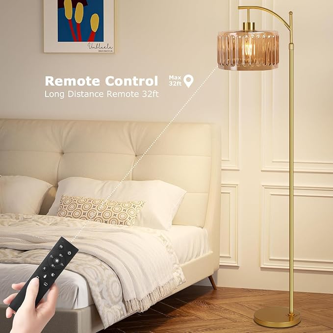 QIYIZM Glass Floor Lamp for Living Room,Bedroom,Gold Dimmable Standing Lamp with Remote,Mid Century Modern Brass Tall Lamp Boho Vintage Retro Floor Lamps Arc Amber Flower Floor Light Lamp Bohemian