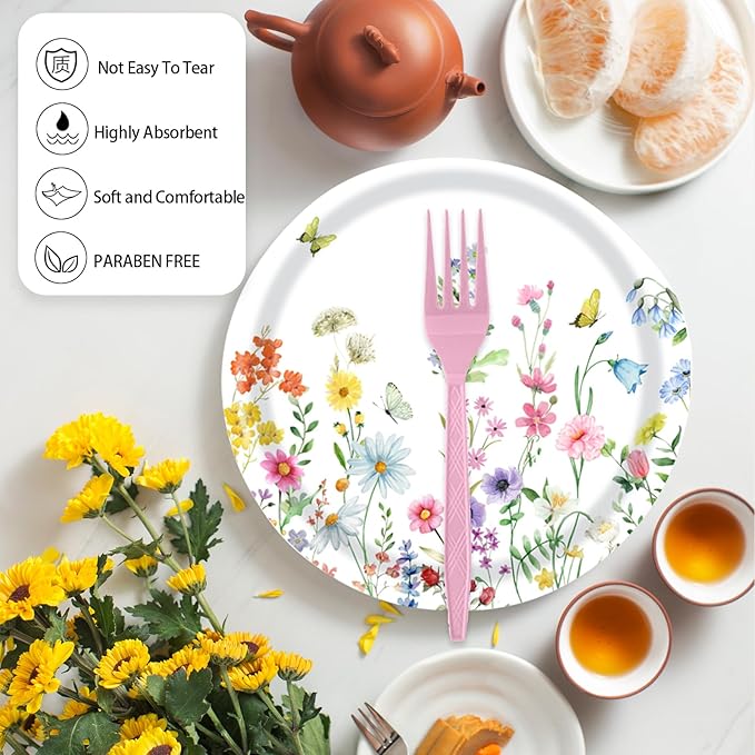 72 Pcs Wildflower Paper Plates and Napkins Party Supplies, Floral Party Plates and Napkins Tableware Set for Spring Summer Picnic Wedding Birthday Baby Shower Tea Party Decorations Serves 24