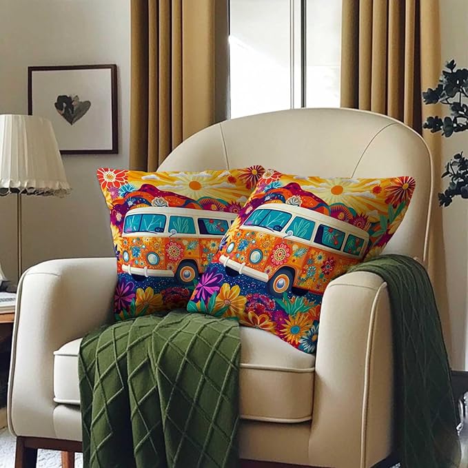 Hippie Van Throw Pillow Covers 18x18 Set of 2 | Home Decor Retro 1960s Cushion Cases with Zipper | Decorative Pillowcases for Couch, Sofa, Living Room and Bedroom