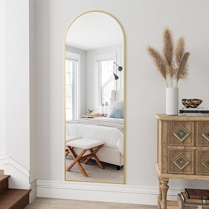 Dewfig Arched Gold Full Length Mirror, 58"X18" Large Floor Mirrors with Stand for Leaning or Hanging, Full Body Mirrors for Living Room,Bedroom, Dressing Room, Aluminum Alloy Frame, Gold