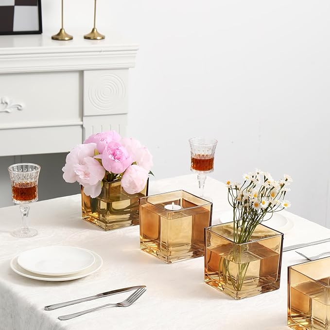 MARTAGE Square Amber Glass Vases Set of 6, 5" x 5" x 5" Flower Vases for Centerpieces, Square Vase for Centerpieces, Small Vase for Wedding, Party, Home Office Decoration