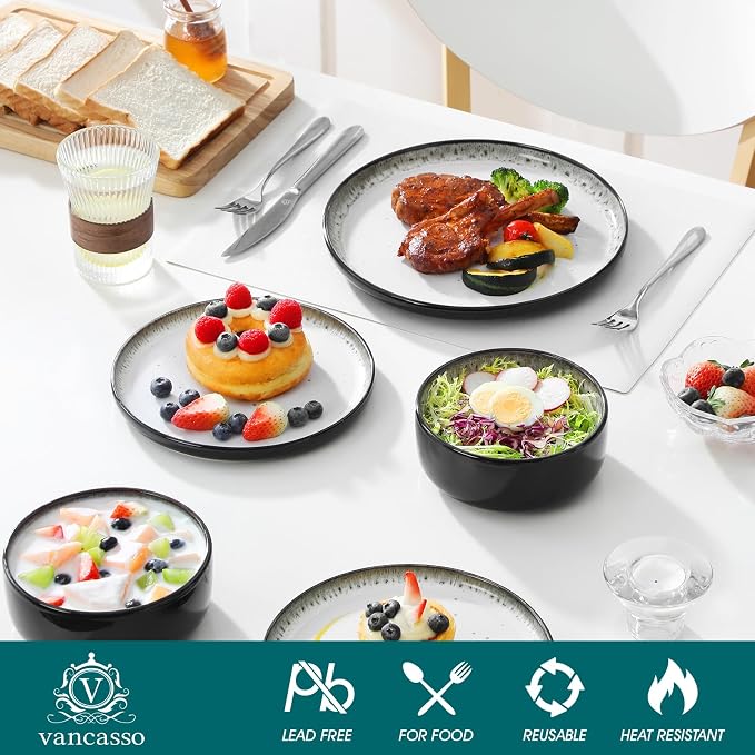vancasso PLAYA Plates and Bowls Sets, 18 Pieces Beige Dinnerware Sets for Kitchen, Reactive Glaze Dishes Set for 6, Dishwasher and Microwave Safe