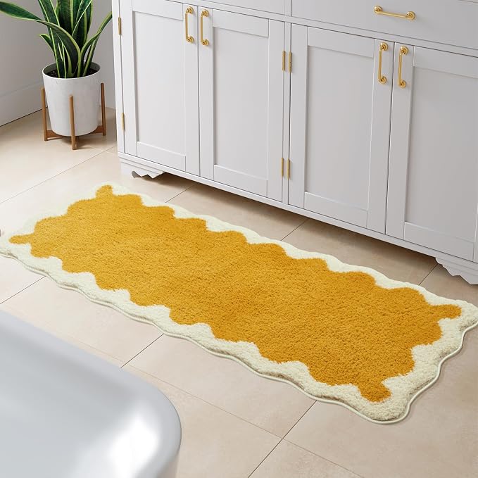 Uphome Bathroom Rug Runner, Cute Long Irregular Shaped Bathroom Rug Absorbent Non Slip, 18x47 Machine Washable Soft Shaggy Microfiber Bath Mat for Floor, Tub, Shower, Yellow