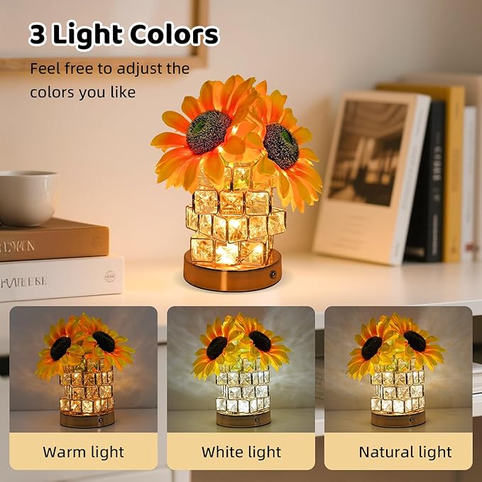 Sunflower Gifts for Women, 4000mAh Rechargeable Flower Lamp with 3-Color Stepless Dimming, Touch Control Cordless Table Lamp Night-Light for Home Decor,Unique Birthday Gifts for Women