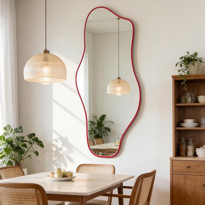 Large Irregular Mirror, 54.5"x24" Red Asymmetrical Tempered Glass Mirror, Modern Organic Shape Frameless Mirrors for Entryway Hallway Bedroom Living Room, Horizontal or Vertical Hanging