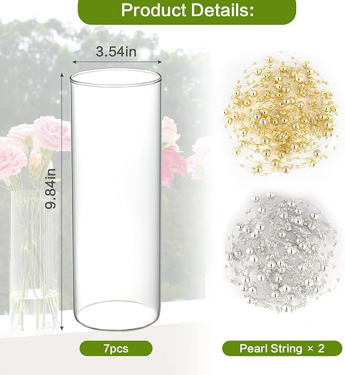 DNANAOL 7pcs Glass Cylinder Vases for Centerpieces - 10 Inch Tall Glass Vases for Flowers, Hurricane Candle Holders Floating Candle Vase for Table Centerpiece Formal Dinners Home Decor