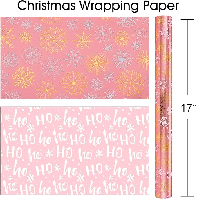 MAYPLUSS Pink Christmas Wrapping Paper Roll - 17IN X 33FT - Christmas Gift Wrapping Paper Featuring Gold and White Snowflake Reversible HO for Kids, Holiday, New Year