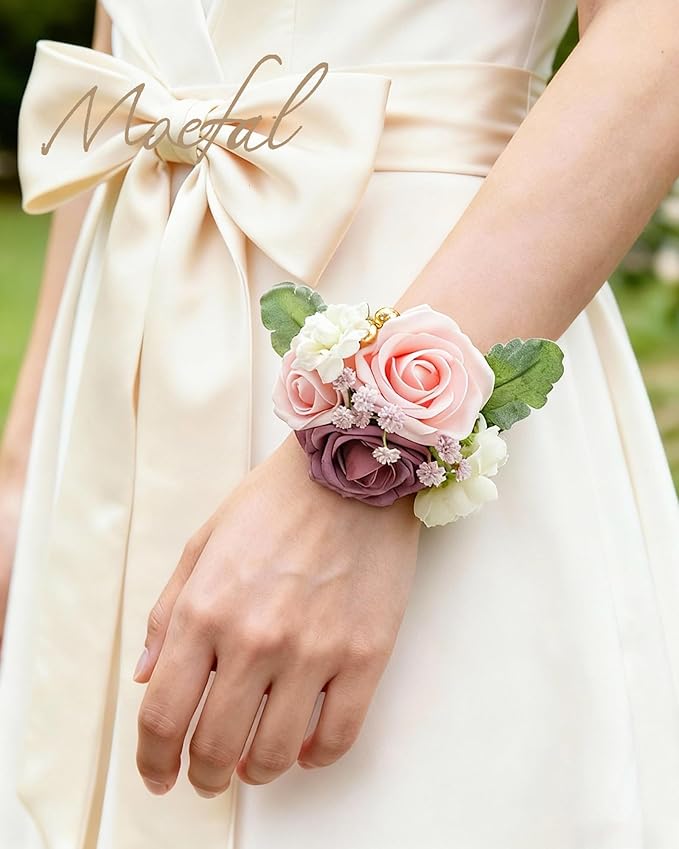 2 Pcs Artificial Flower Wrist Corsage Set, Elastic Wristlet for Prom Wedding Bridesmaid Homecoming Party Anniversary Decoration (Dusty Rose)