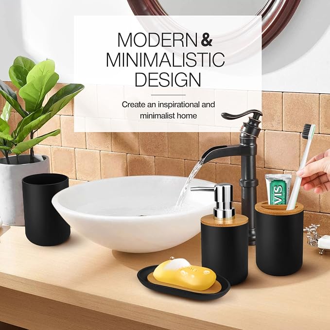Hommtina Bamboo Bathroom Accessory Set, 6 Pcs bathroom essential Includes Toothbrush Cup, Toothbrush Holder, Soap Dispenser, Soap Dish, Toilet Brush with Holder, Trash Can, with 3 Toothbrushes (Black)