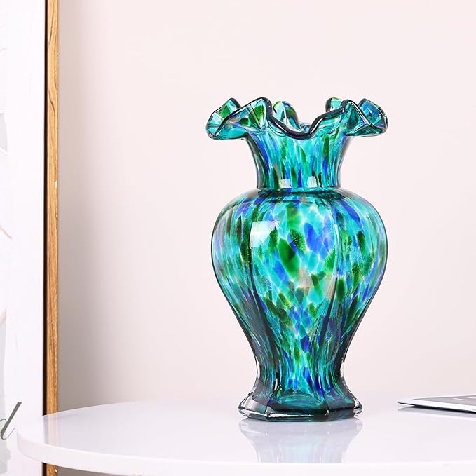LCCCK 9.5" Tall Teal Blue Glass Vase Beautiful Hand Blown Glass Decor Flowers Vases for Centerpieces, Modern Murano Glassde Art Teal Vase, for Home Decor Table Entryway Wedding Decoration