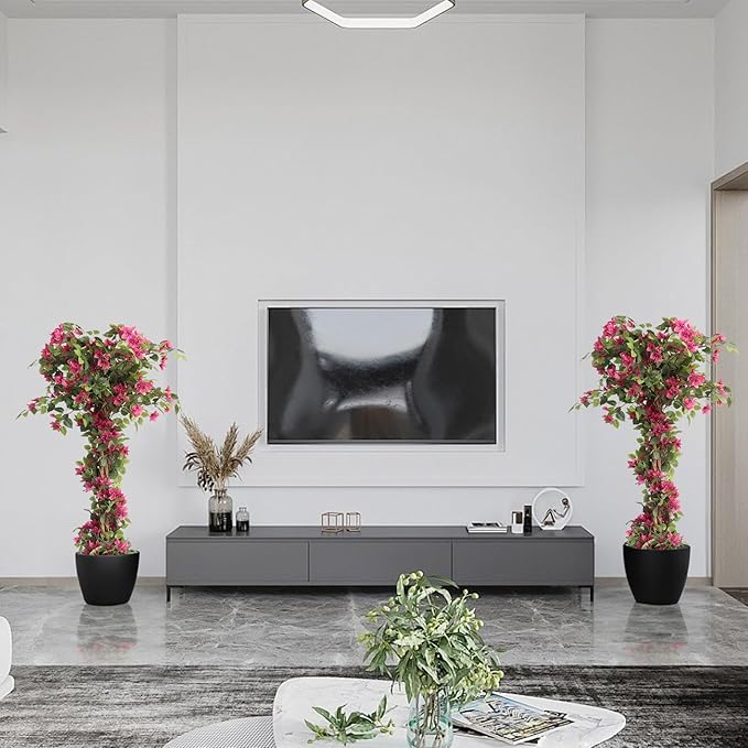 5 Feet Artificial Bougainvillea Flowers Trees, Faux Blooming Tree with Black Plastic Pot, Fake Bougainvillea Plants Potted for Decor Indoor or Outdoor Home Office, 2 PCS (63 inch)